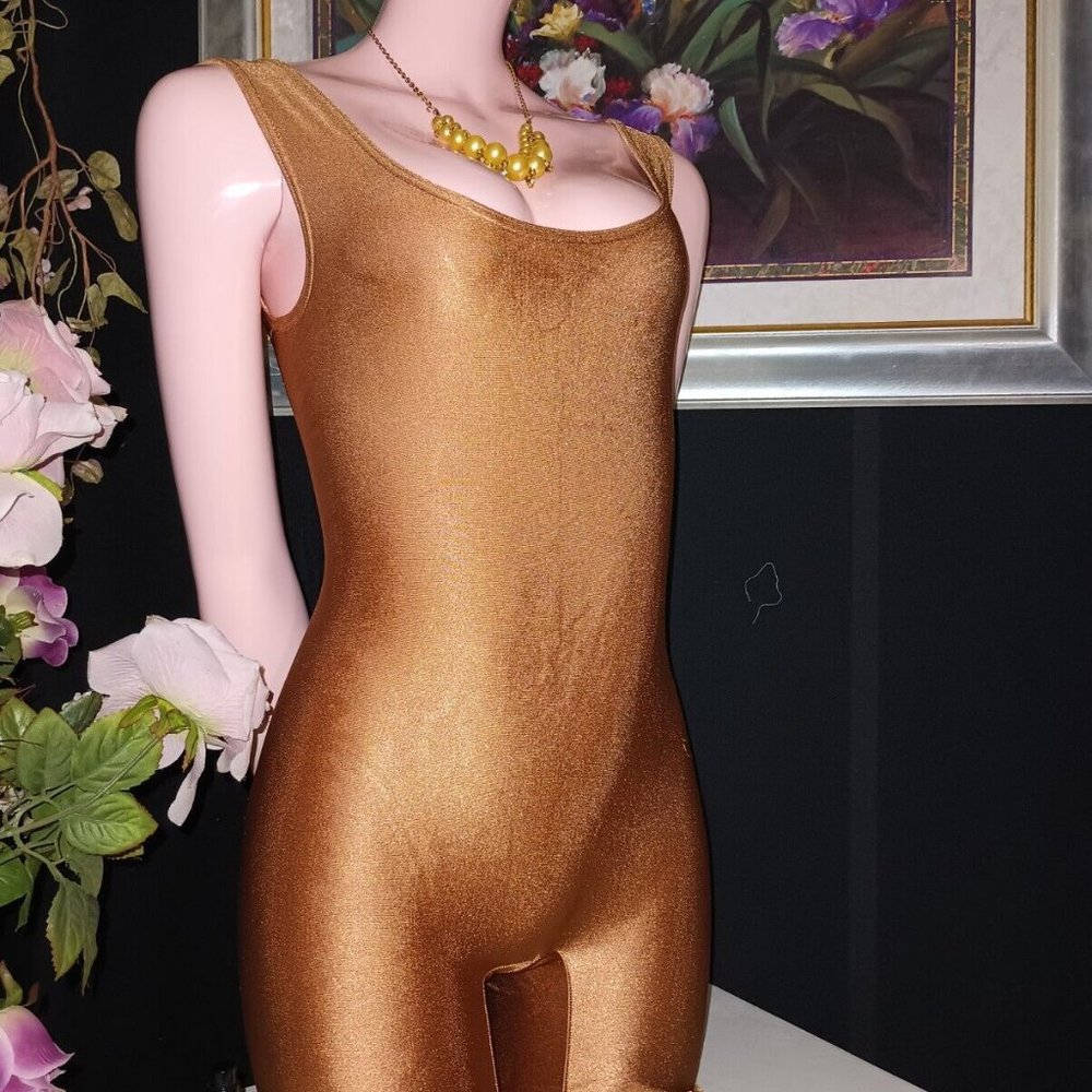 VTG SATIN SHINY SPANDEX ANTON NYLON UNITARD JUMPER CATSUIT  P/S 28"/30"32" GOLD